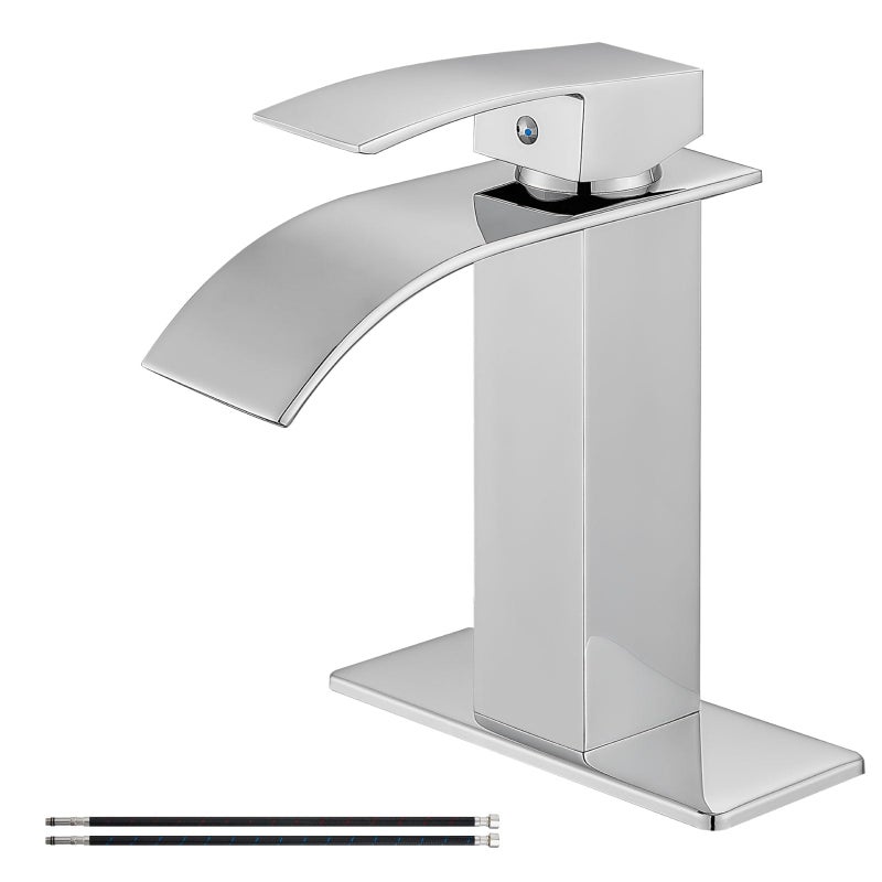 Airuida Chrome Polish Waterfall Spout Bathroom Faucet Single Handle Single Hole Bathroom Sink Faucet 1 or 3 Holes Rv Lavatory Vanity Faucet Basin Mixer Tap with Deck Plate and Supply Lines - Image 1